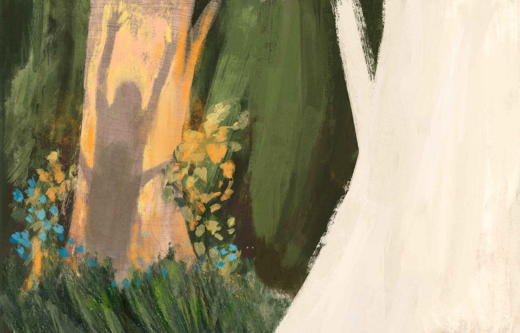 En un tronco se reflejan las sombras de dos niños que juntos parecen un monstruo colosal.