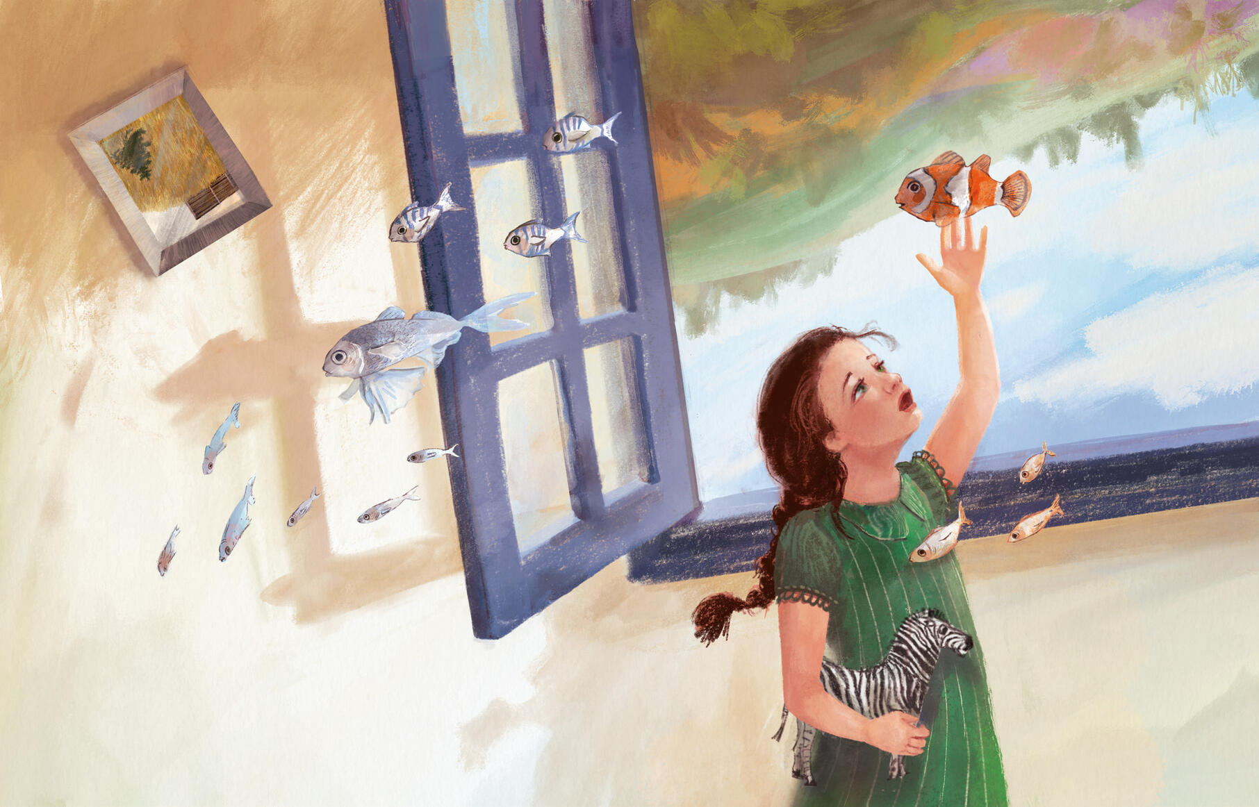 Una niña que está en una casa al lado de una ventana ve entrar peces a través de la ventana e intenta acariciarlos sorprendida y un poco triste. Fuera vemos que el cielo está a los pies como si la casa estuviera bocabajo.