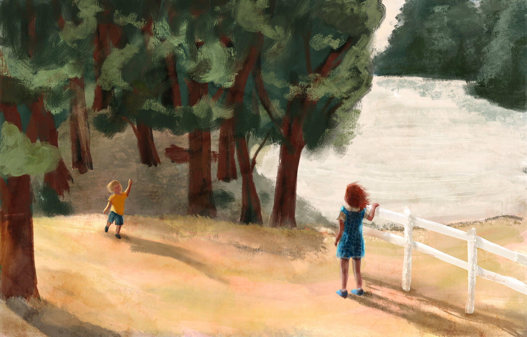 El prado y el bosque parecen no tener fin, hay un espacio que se insinua como agua aunque es el lugar que ocuparia el texto en el libro. El niño se ve a lo lejos saludando a la niña que esta de espaldas apoyada en unos postes blancos.