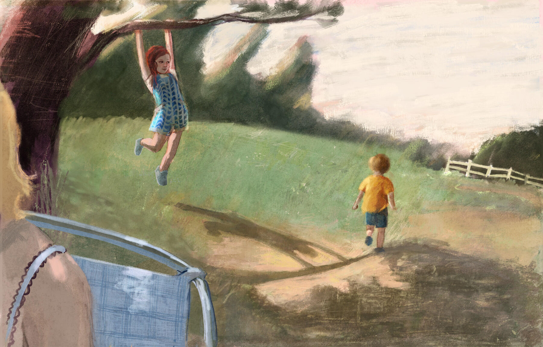 Imagen de dos niños jugando en un campo, la niña se cuelga de una rama, el niño camina solo. La niña lo mira pero ella es mayor que él y eso le hace no incluirlo en su juego.