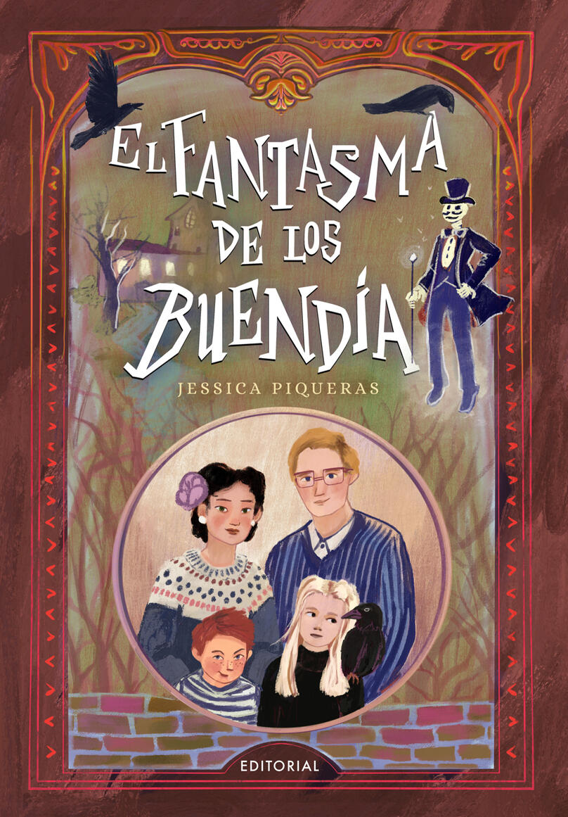 Es portada en la que aparece una familia en un retrato familir y un fantasma junto al titulo que es : El fantasma de los Buendía