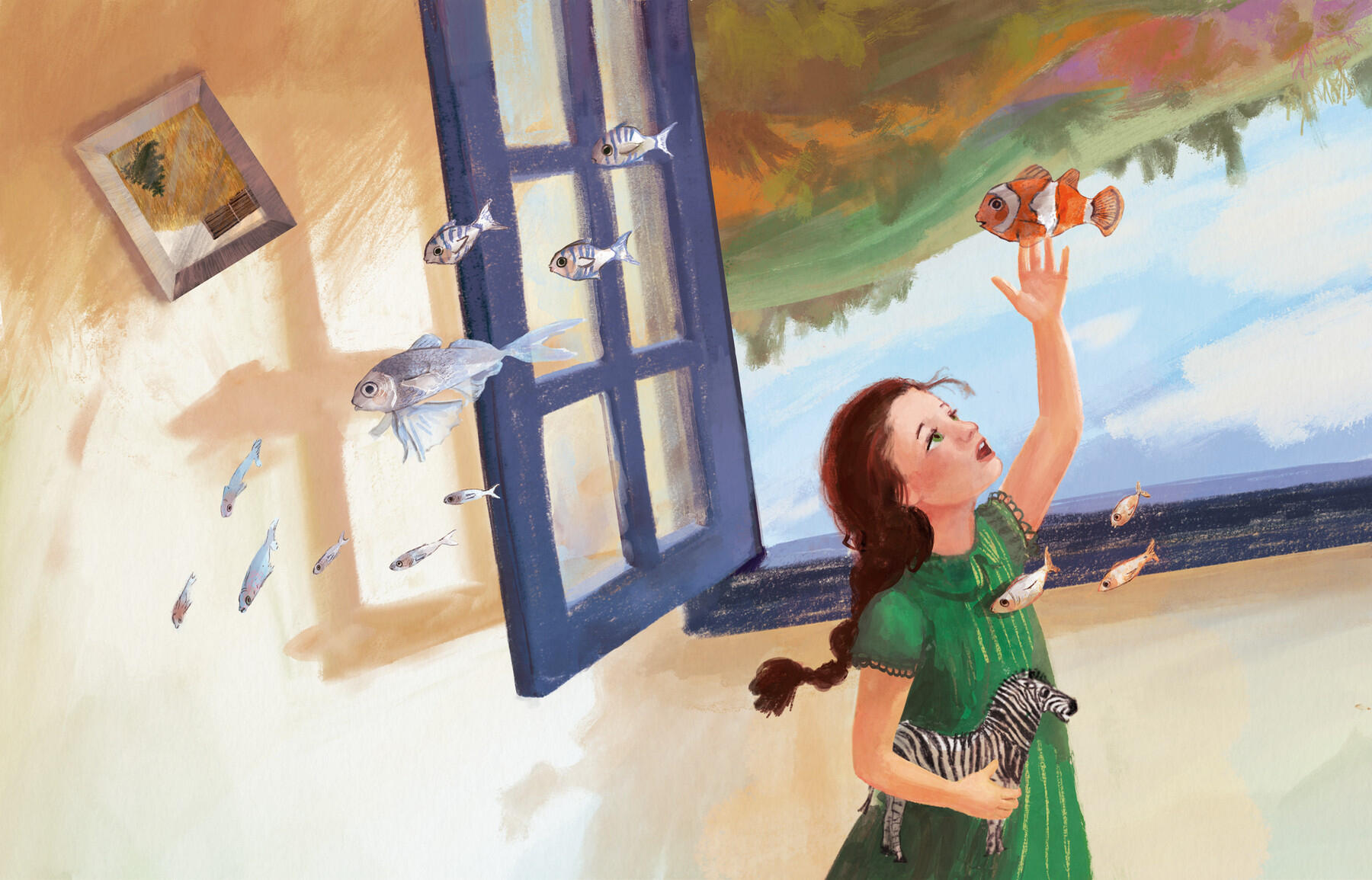 Una niña que está en una casa al lado de una ventana ve entrar peces a través de la ventana e intenta acariciarlos sorprendida y un poco triste. Fuera vemos que el cielo está a los pies como si la casa estuviera bocabajo.
