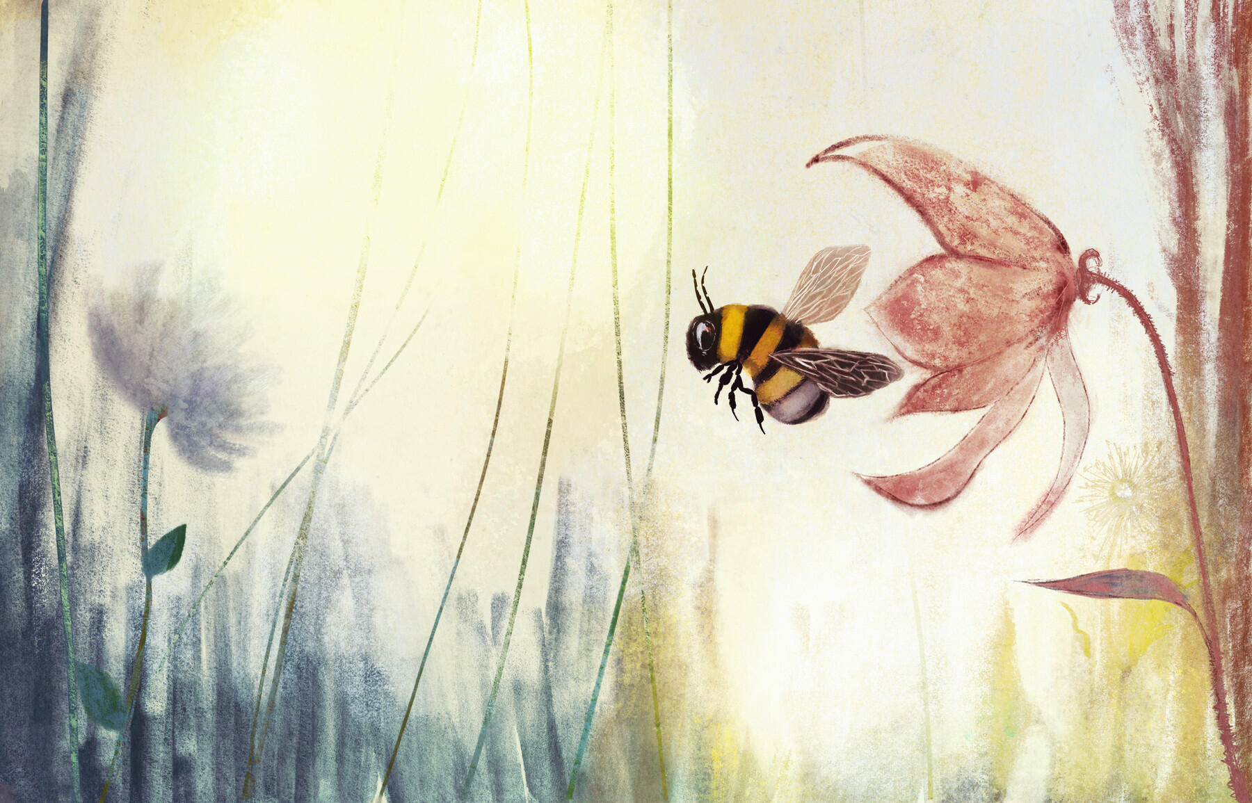 Doble página de álbum ilustrado con una abeja de espaldas a una flor inclinada hacia ella, con luz filtrándose entre las flores.