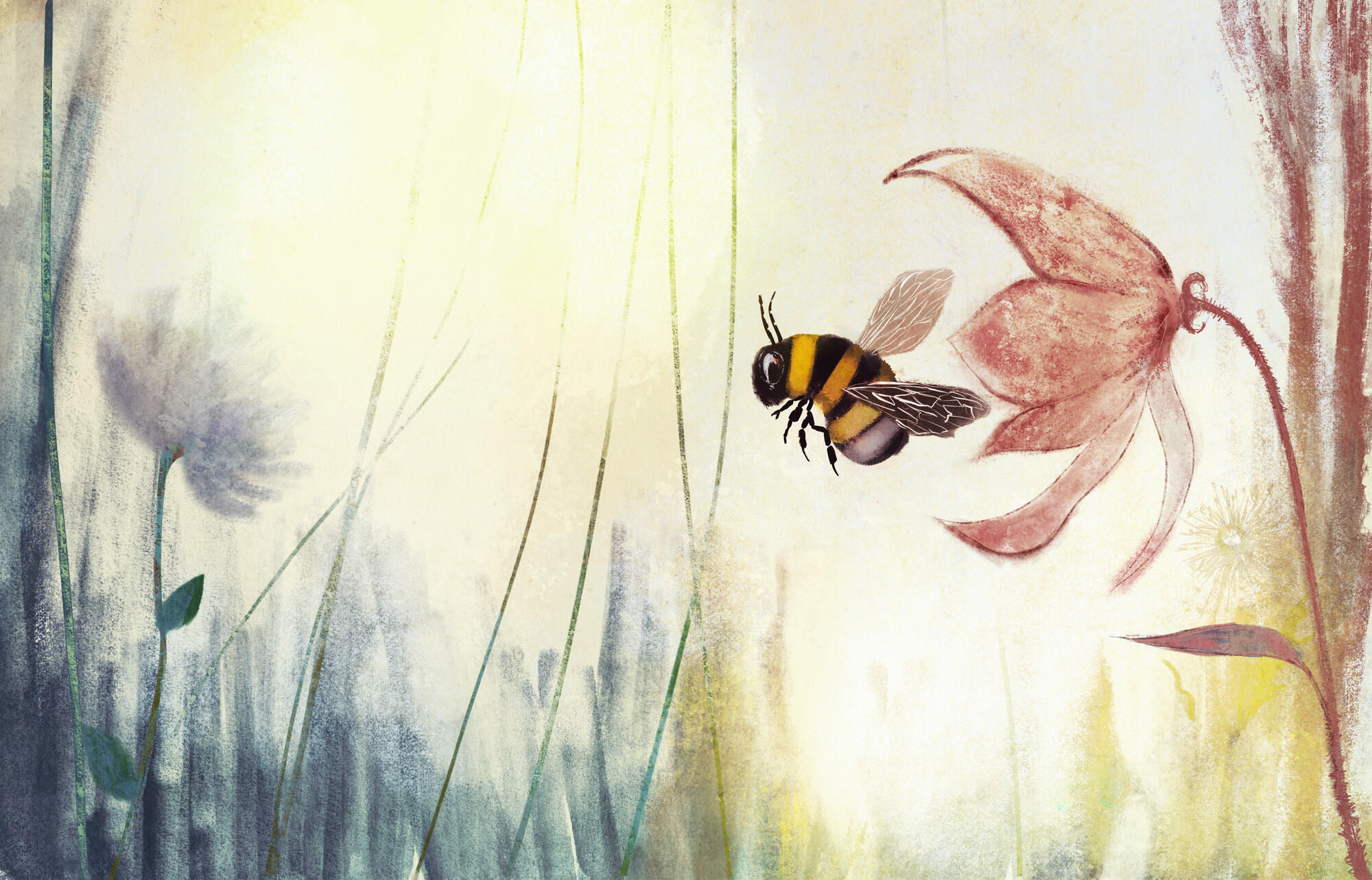 Doble página de álbum ilustrado con una abeja de espaldas a una flor inclinada hacia ella, con luz filtrándose entre las flores.