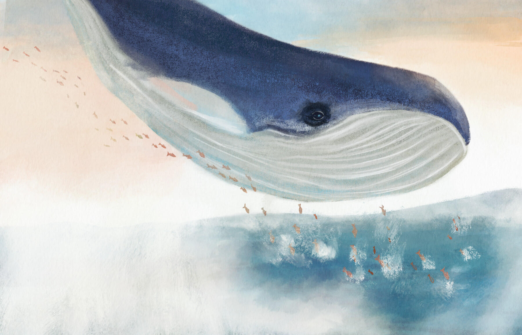 Doble página de álbum ilustrado con una ballena que entra en el agua rodeada de peces justo antes de eso parecía flotar en el aire.